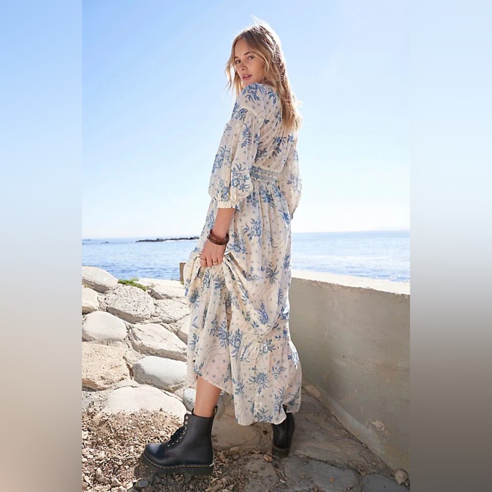 Free People Cream Maxi Dress with Blue Floral Print - Picture 5 of 15